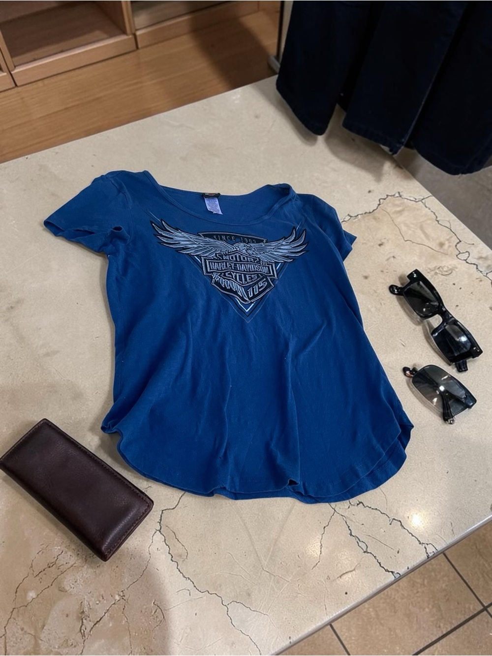 Harley-Davidson Fort Worth Texas Eagle Graphic Blue Scoop Neck T-Shirt Large USA